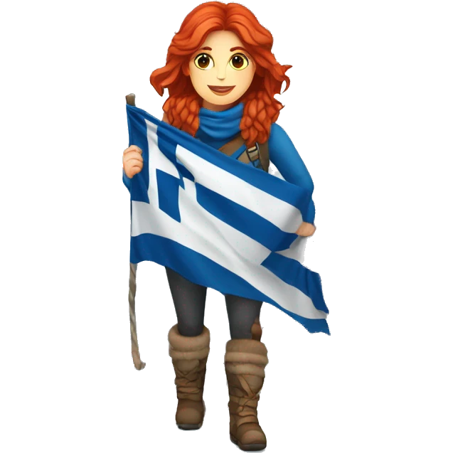Greek Female winter mountaineer red hair white skin climbing with Greek Flag and Easter eggs basket emoji