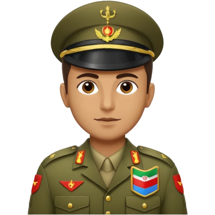 Portrait of an Iranian soldier with an Iranian flag chevron on his shoulder and chest emoji