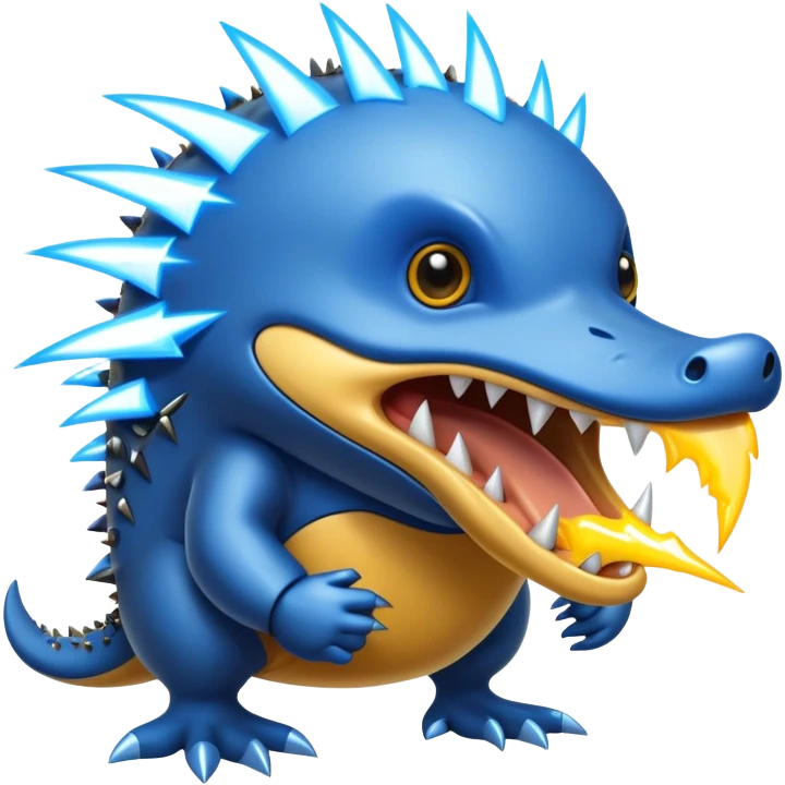 a fantastical dangerous and spooky electric platypus merged with a hedgehog with sharp teeth, metal electric spikes, and strong fangs, electricity and lightning coming, menacing look, yellow and blue lightning bolts emoji