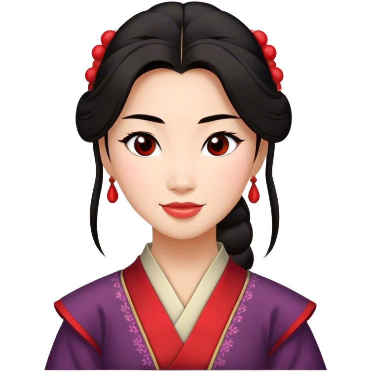 Cinematic Radiant Mulan Portrait Emoji, rendered in a realistic, vector-style with clean proportions. Show Mulan with a soft, confident smile, warm skin, and expressive eyes, her dark hair styled simply, and dressed in traditional clothing with understated red accents. The image radiates a gentle, luminous glow and high shine, accentuated by a soft glowing outline. emoji