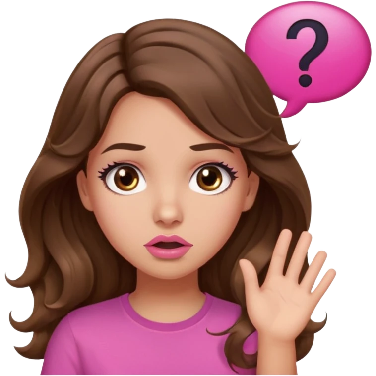 girl with long wavy brown hair, brown eyes, light to medium complexion, in a pink shirt, pink lips, long lashes, confused, question mark speech bubble emoji
