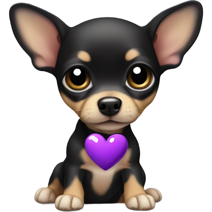 black & tan chihuahua puppy with a purple heart emoji