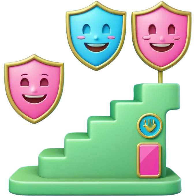 Minimalist 3D emoji-style podium with 2 steps on a green chroma key background. Step 1 (higher) features a handshake icon with blue neon glow. Step 2 (lower) features a smiling tooth with a shield icon and pink neon glow. Clean rendering, soft colors, uniform lighting emoji