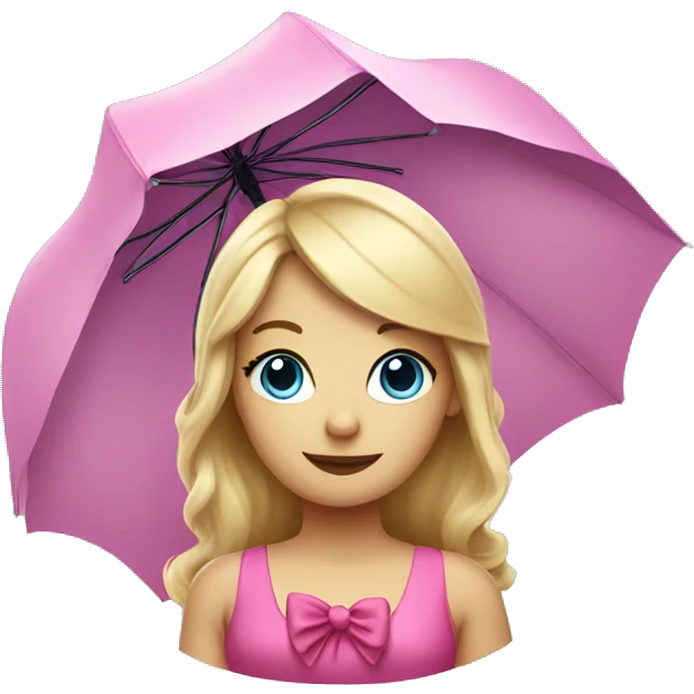 Blond haired lady with an pink umbrella and a Blue dress with a pink bow Tie around her middle emoji