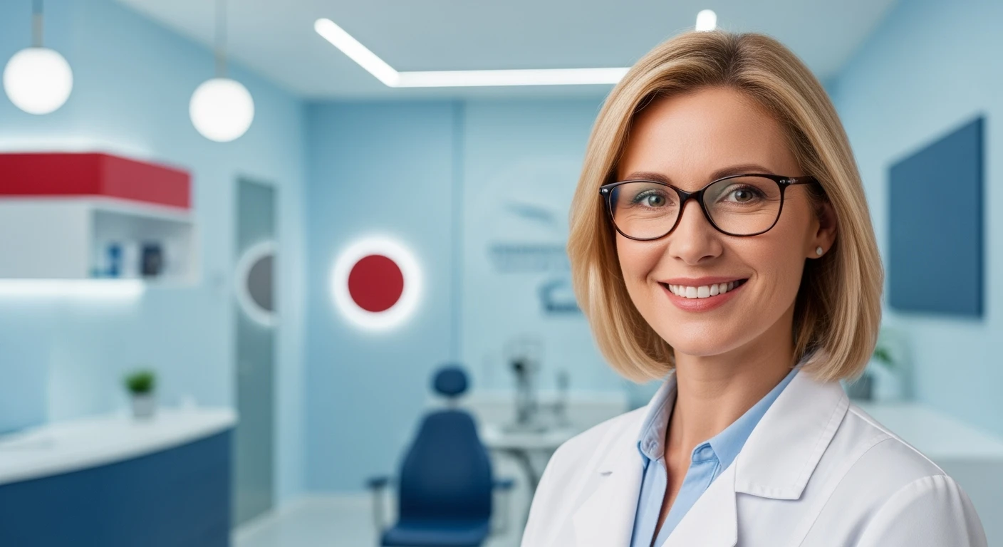 Cinematic still, Proffesional advertising of a smiling european white woman with glasses smiling, minimalistic ophthalmologist interior in background, leading  lines, "rule of thirds", 60/30/10 colors, soft light, blue and red emoji