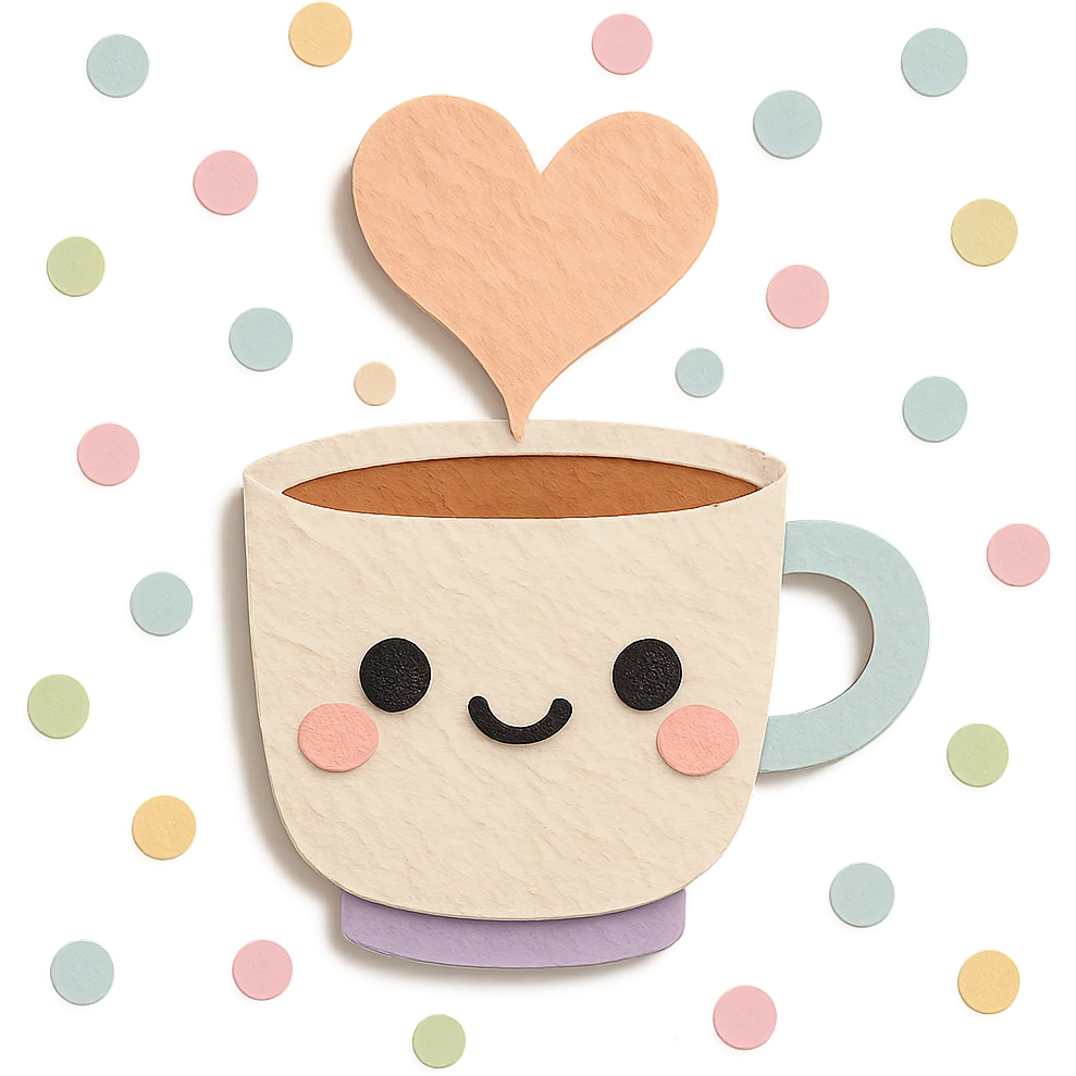 kawaii coffee cup with heart-shaped steam, pastel polka dot background emoji