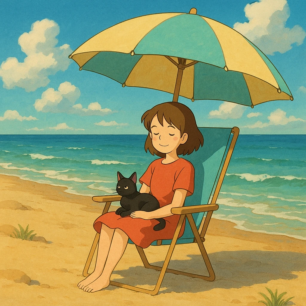 girl and her cat on the beach, sitting in a chair under the sun, ghibli style emoji