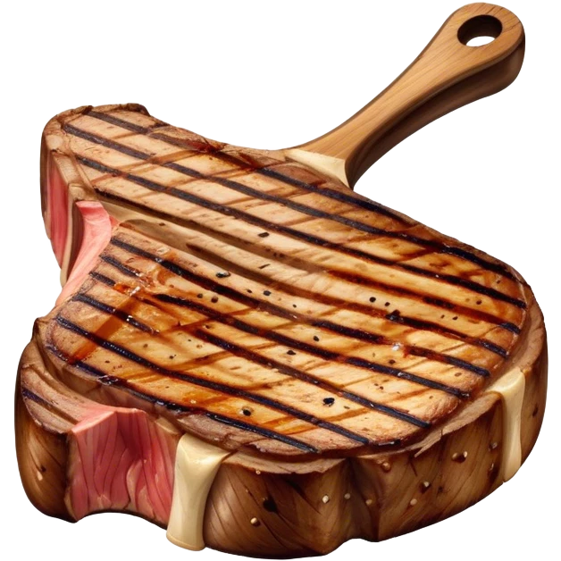 Cinematic thick-cut t-bone steak, perfectly seared with grill marks, a grilled center, rich and savory, warm glow, sizzling and mouthwatering, highly detailed and appetizing. emoji