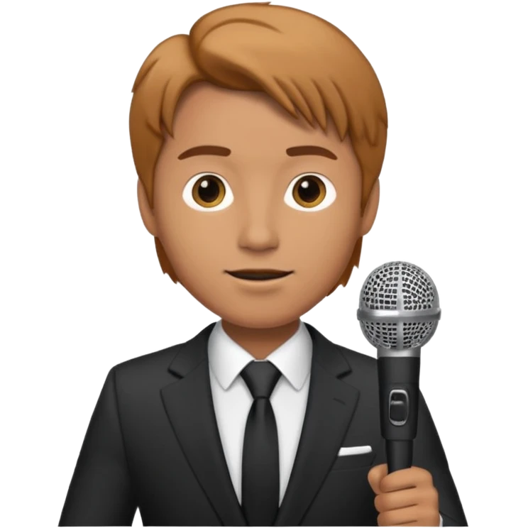 Man in suit with microphone with tan hair emoji