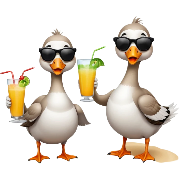 Two geese sunbathing on the beach wearing sunglasses drinking a tropical drink emoji
