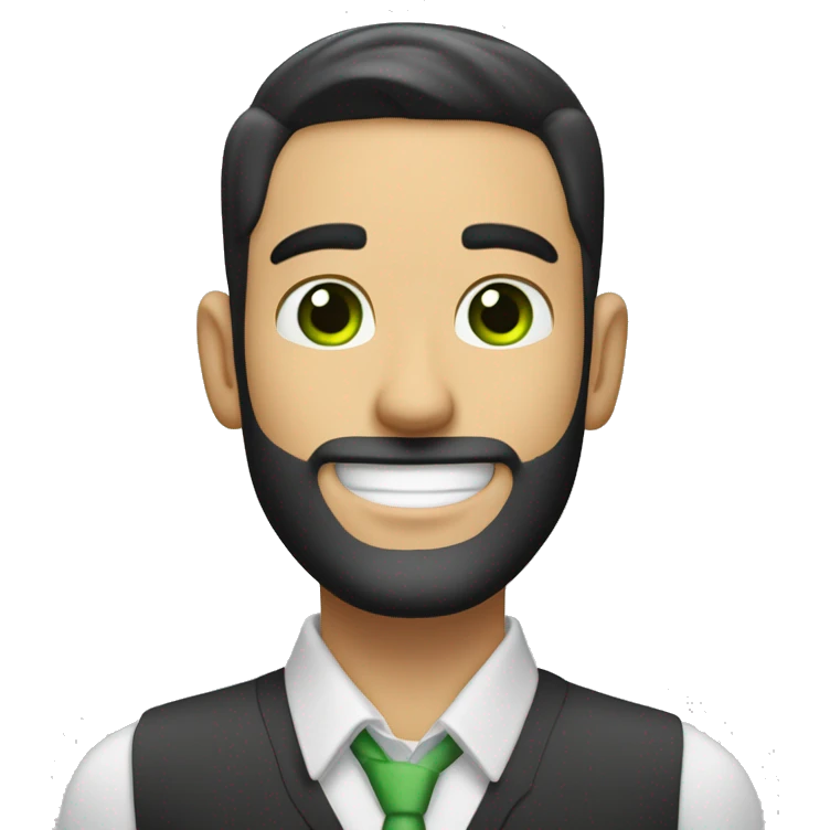 Create an emoji of a handsome white man with a suit, black hair in a crew cut, and green eyes. He has a 3-day stubble beard and is smiling happily. The overall expression should be friendly and confident. emoji