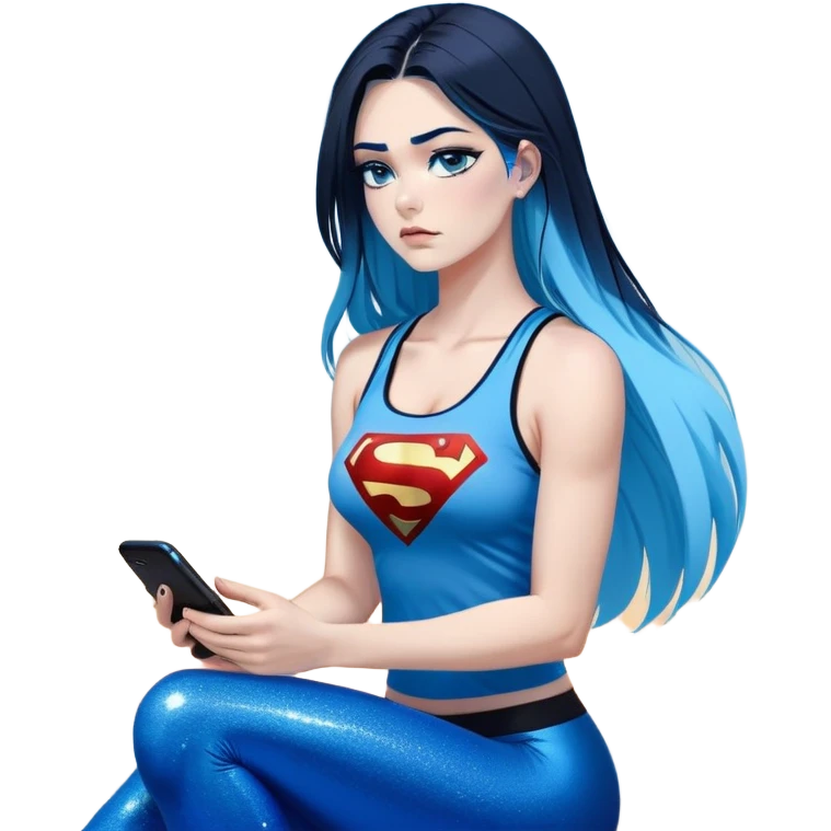 Shameful disappointed crying-very very very very big chest-texting on a samsung cell phone-very long straight flowing black to sky blue hair ombre-blue eyes-black eyeliner-long eyelashes-plastic sparkling sky blue very low cut tank top with sparkling superman logo-black leggings-nike sneakers emoji