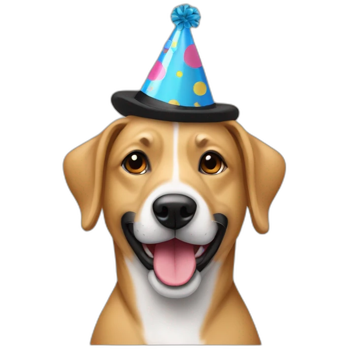 Tan mixed breed  dog with black muzzle wearing a birthday hat emoji