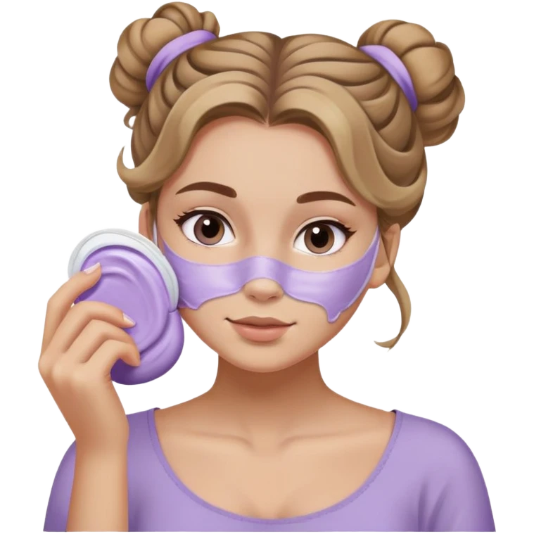 girl with wavy dark blonde hair messy bun applying lilac skincare mask on face emoji