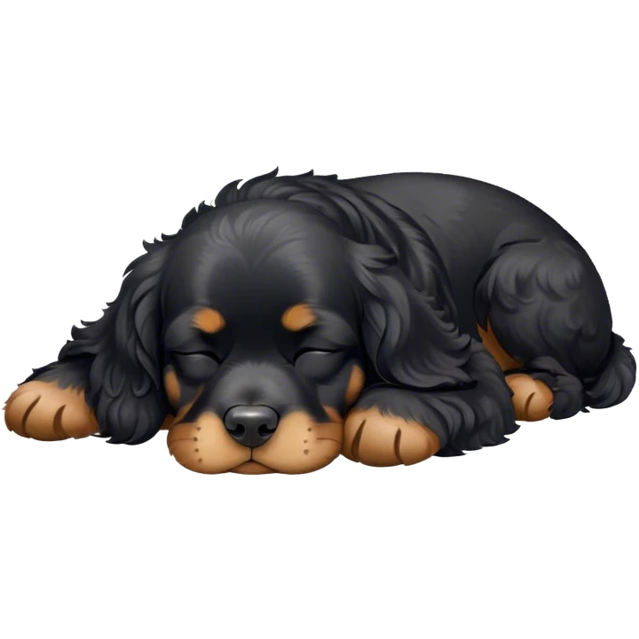 Cinematic Meme-Worthy Chubby Sleeping Black Cocker Spaniel Portrait Emoji, Head resting peacefully with a contented smile, showcasing a delightfully chubby build and a luxuriously soft black coat with gentle tan markings, eyes shut in a serene nap, Simplified yet hilariously adorable features, highly detailed, glowing with a soft, drowsy light, high shine, relaxed and utterly lovable, stylized with an air of playful laziness, bright and heartwarming, soft glowing outline, capturing the essence of a comically sleepy companion, so meme-worthy it feels like it could instantly become the next viral sensation of adorable slumber! emoji