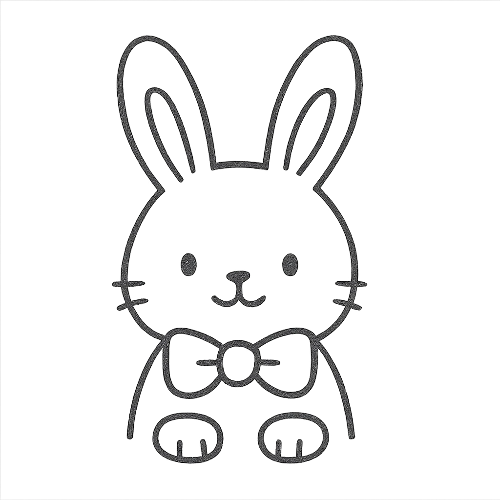hand-drawn outlined sketch of a cute bunny with a bow tie, no color, simple lines, icon style emoji