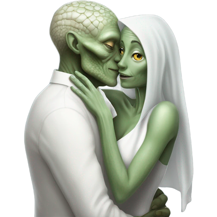 Alien reptilian woman in white dress hugs and kissing "white male human man" emoji