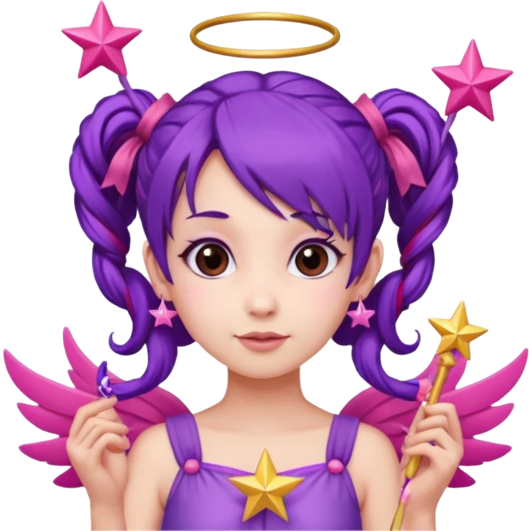 Create an emoji of a fairy-like woman with purple hair tied into two pigtails, red stars in her hair, wearing a pink outfit and pink wings. She is holding a pink star-shaped wand and wearing purple circular earrings. emoji