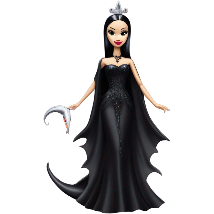 Victorian evening dressed, Teen Morticia Addams Barbie Jedi wearing a mini tiara, riding on the back of a very large black shiny evil-looking fire-spewing horned dragon emoji