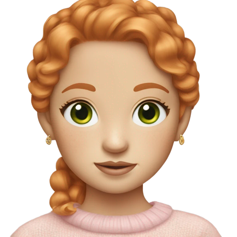 please make a ginger girl with freckles and green eyes with long eyelashes, wearing gold designer earrings and a ralph lauren jumper in baby pink  emoji