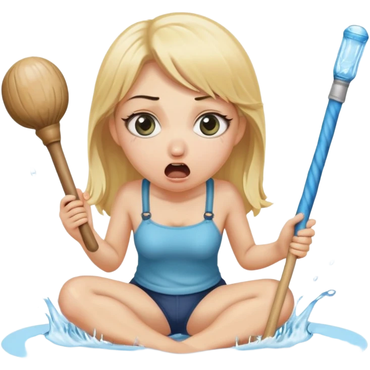 blond woman sitting on her knees with wide eyes, holding a wide skin-colored stick with a D-shaped knob, the stick and the nob have skin texture, water squirting from the knob into her mouth, shocked face, the knob is coming out of pants hanging next to her emoji