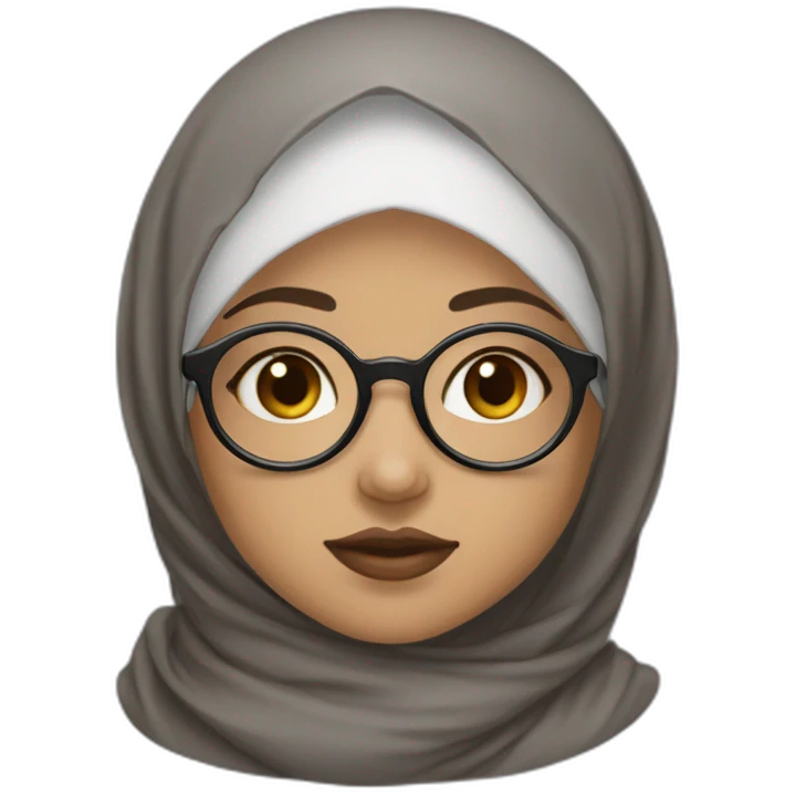 Hijab black color white fair skin girl brown eyes wearing round circular metal glasses, no make up, small lips,big cheeks, almond eyes, triangle nose emoji
