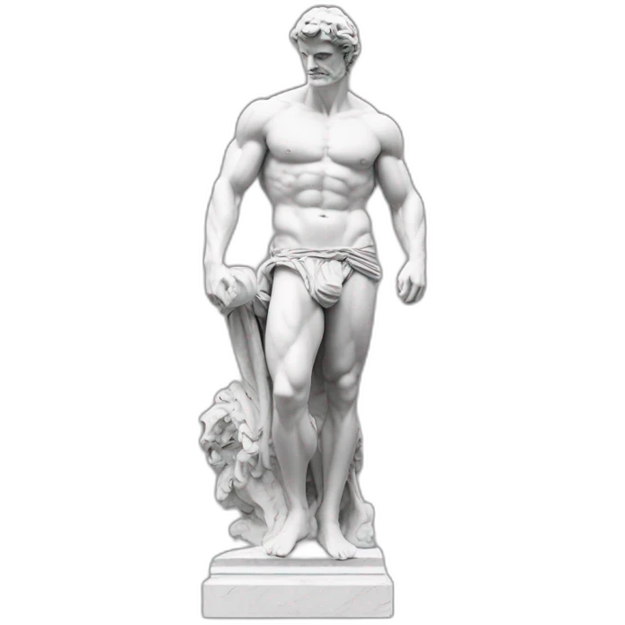 estátua dos pés a cabeça de um homem musculoso igual a Roma antiga. Mármore branco. Sem roupas. O bico do peito está em destaque, em seguida a V-Line da cintura. Pau Grande. Sem roupa. emoji