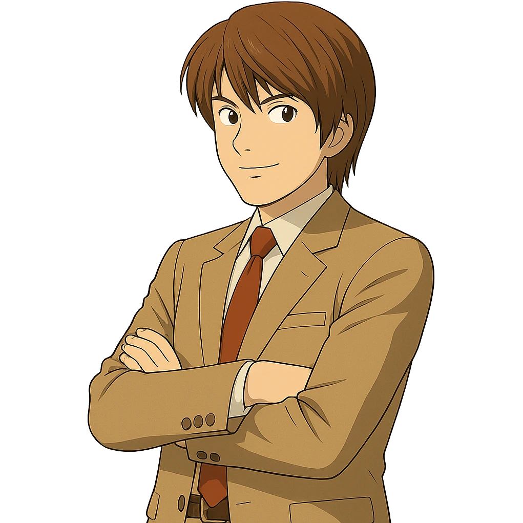 Make this exact Light Yagami in Ghibli style, standing with his arms crossed and body slightly turned to the left, same suit, same confident expression. Match the face, hair, and suit details exactly to the reference. Transparent background. emoji