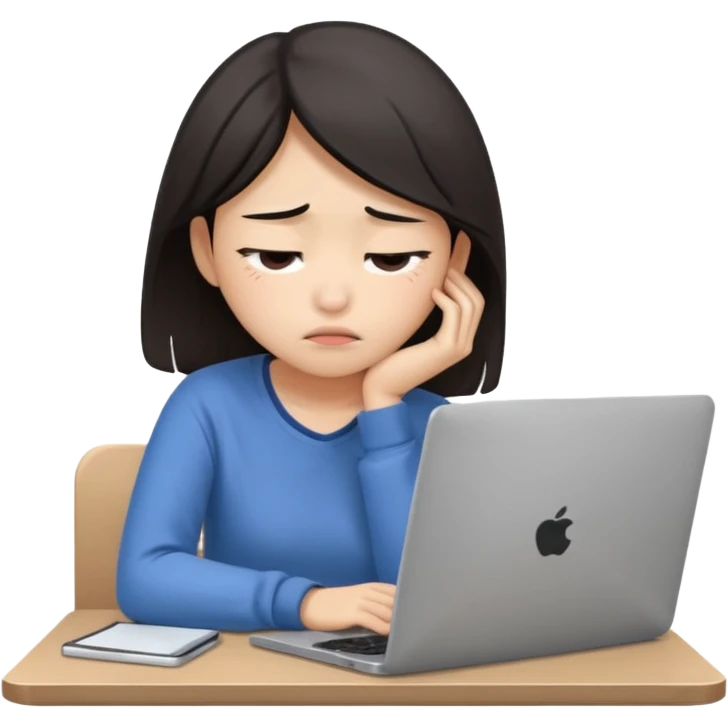 Create an emoji of a tired girl of Asian descent, sitting at a laptop, looking exhausted and frustrated. They have slouched posture, representing overwork and burnout. emoji