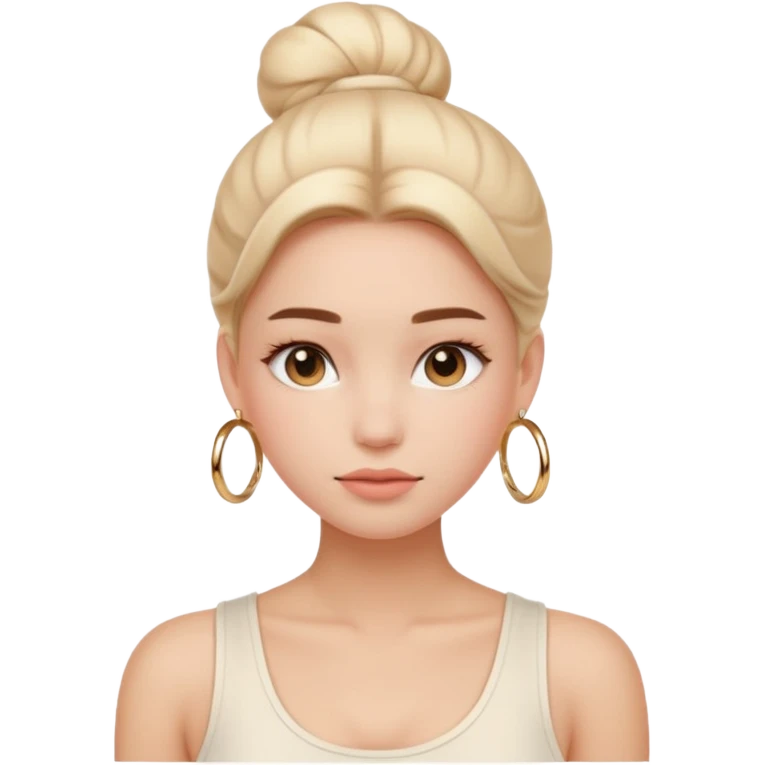 “Emoji girl, flawless skin, light peach blush, natural fluffy brows, glossy nude lips, sleek low bun, small gold hoops, minimalist white tank top.” emoji