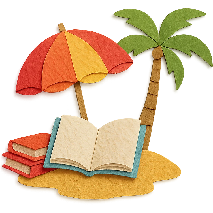 cozy beach reading nook with books, umbrella, and palm tree, layered paper effect, paper-craft style emoji