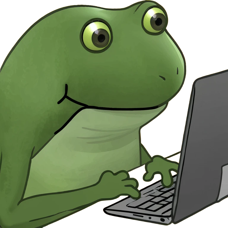 coding emoji, open source theme, a green frog at a computer with code on the monitor emoji