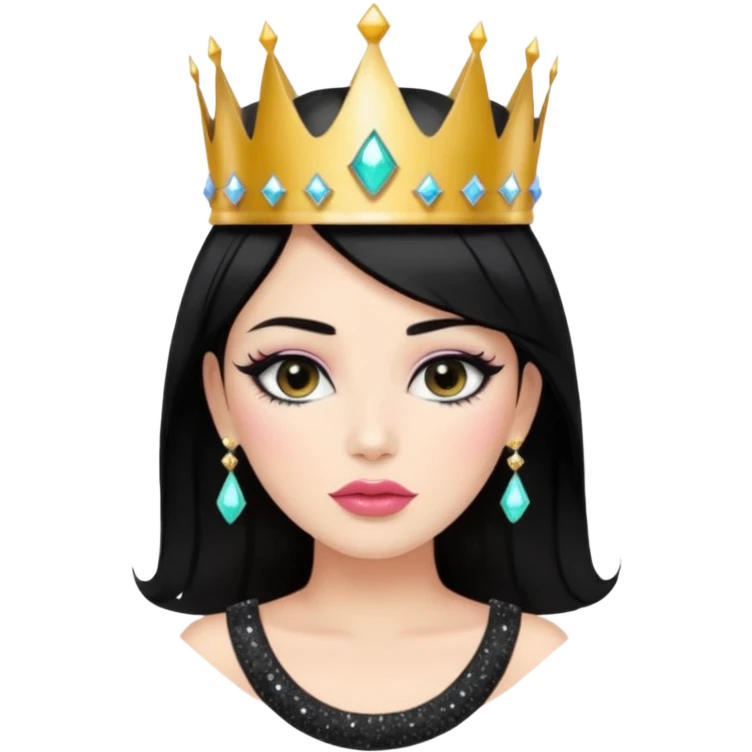 Chica con pelo negro y labios gruesos maquillada hermosa con una corona de brillos y un top negro moderno  emoji