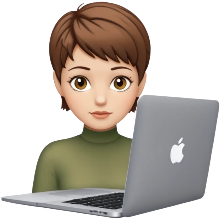 macbook pro white woman pixie haircut brown hair hazel eyes emoji