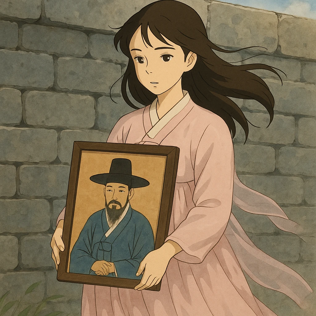 a young woman in a pale pink sheer hanbok holding a traditional Korean portrait in front of a grey stone wall, subtle wind moving her dress and hair, ghibli style emoji