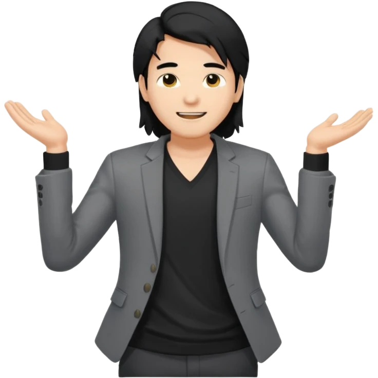 asian young man with long black hair falling on the forehead in grey blazer and black t-shirt smiling  emoji