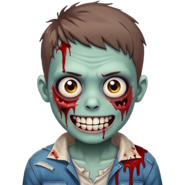 zombie boy with brown short hair, white skin, and white eyes; an open smile, and bloodied teeth; emoji