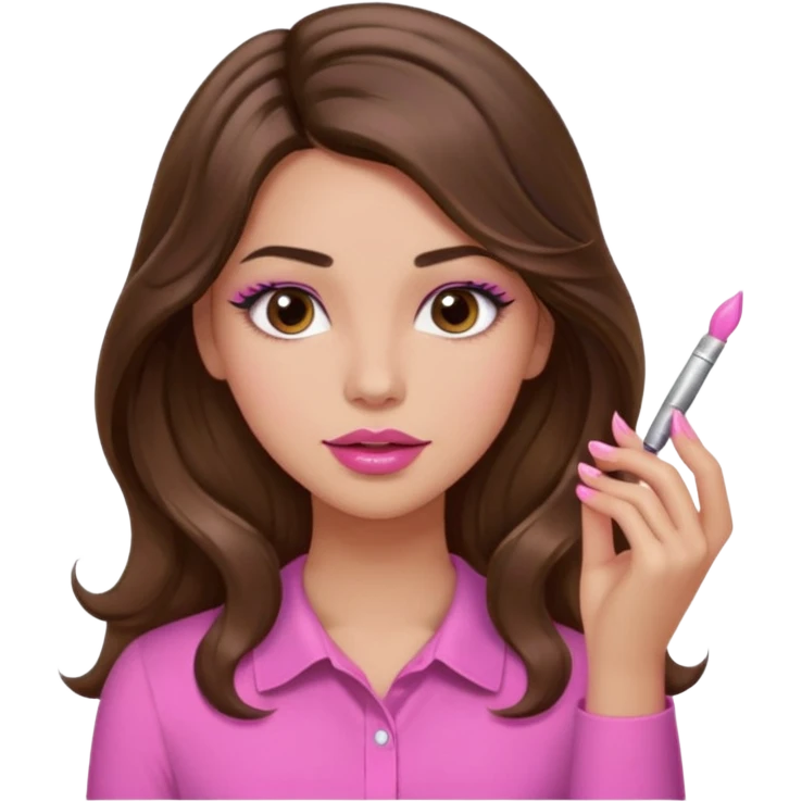girl with long wavy brown hair, brown eyes, light to medium complexion, in a pink shirt, pink lips, long lashes, puckered lips,  painting long nails emoji