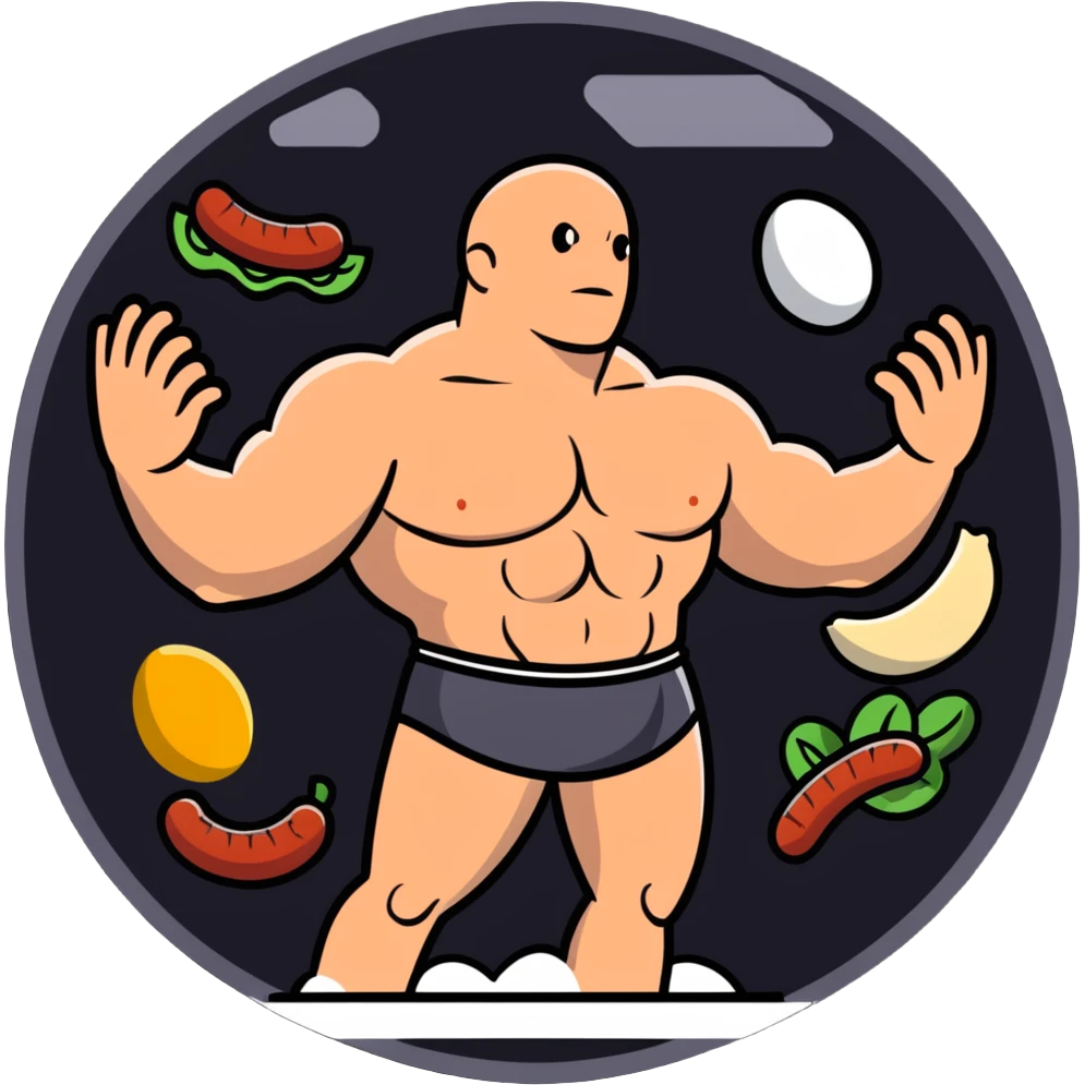 A floating warm orb with bright food icons (meat, egg, beans, tofu, yogurt) orbiting around a semi-transparent muscular human body. The body glows from within, with visible muscle fibers vibrating and expanding. emoji