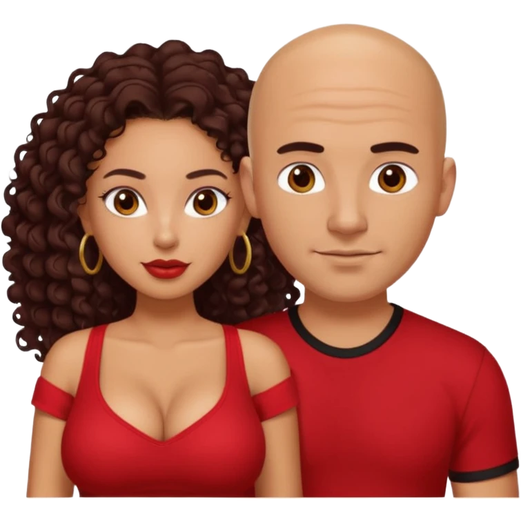 A picture of a sexy tanned couple. the guy is Mexican, with a bald hair cut and a red shirt. the girl is mixed, she has curly longer dark brown hair, and with big boobs and wearing black shirt  emoji