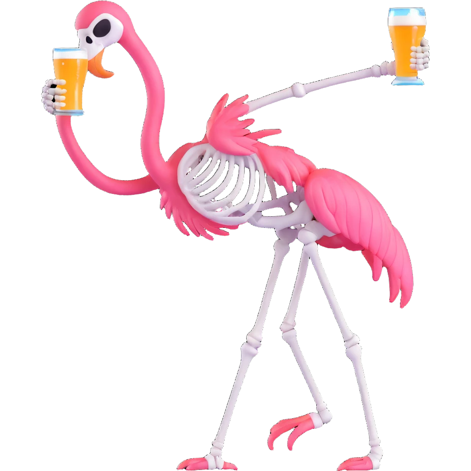 skeleton drinking a beer while balancing on one leg like a flamingo emoji