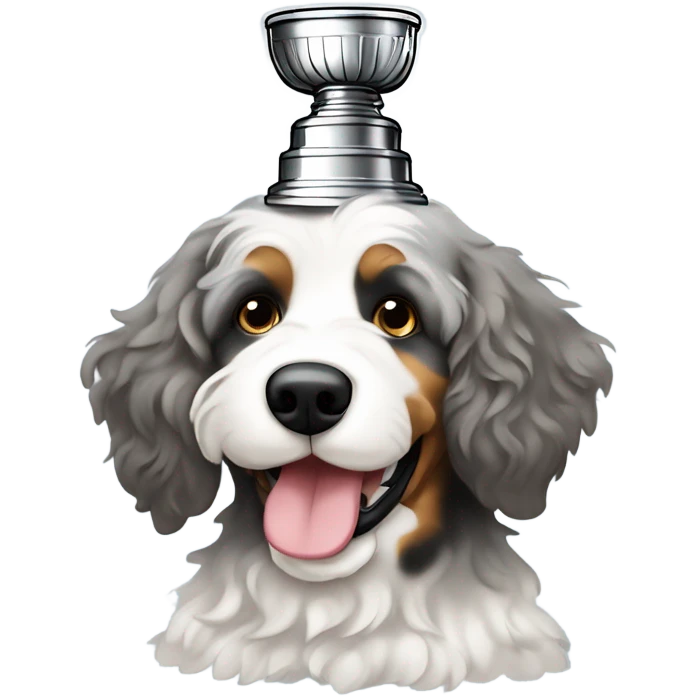 Phantom Merle bernedoodle with a Stanley cup  emoji