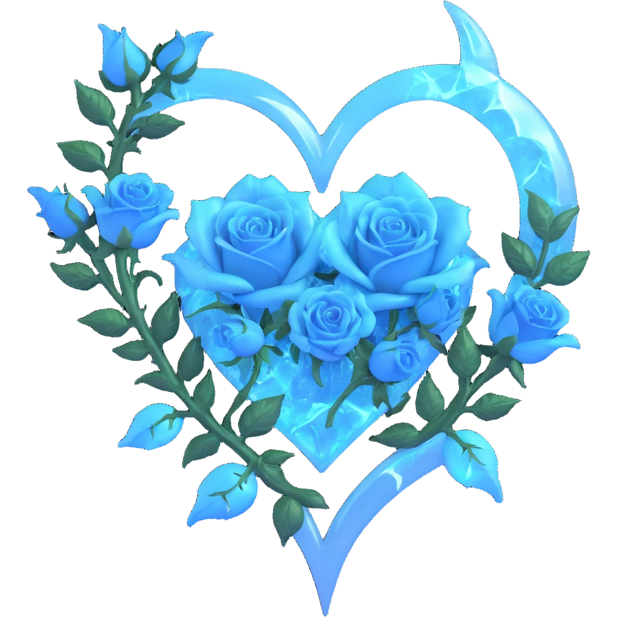 gothic heart made of frosted glass, silver crescent moon, glowing icy blue roses, holographic stardust, neon cyan lightning, drenched and splintered glass emoji