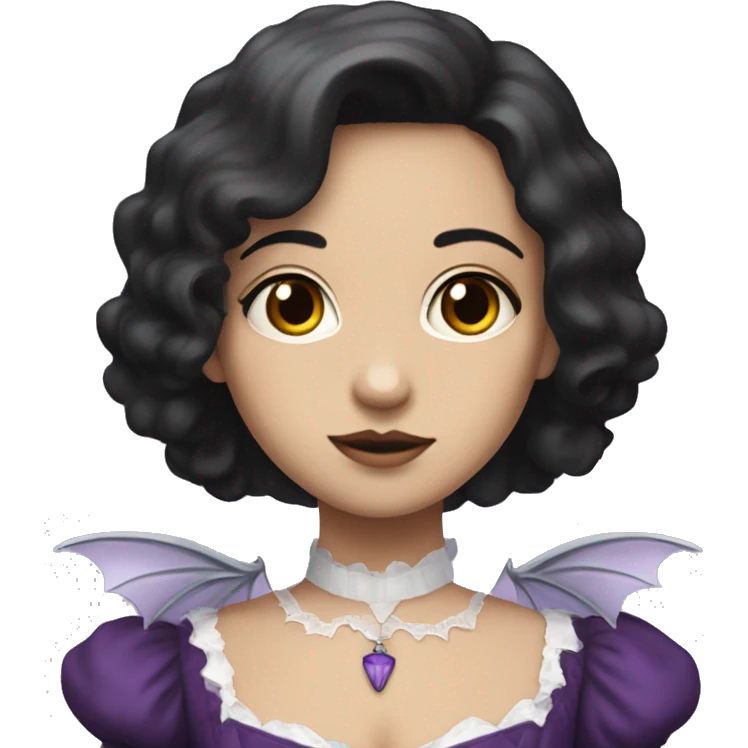 short black haired white girl with a purple short victorian dress that has bat wings emoji