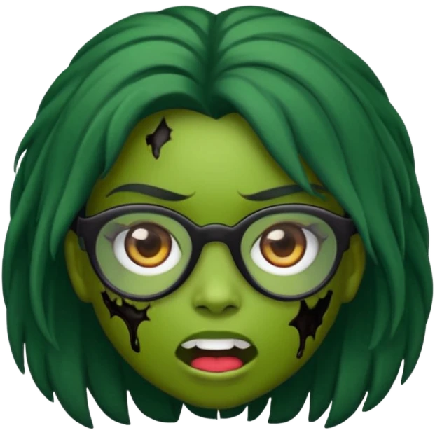 crie um emoji de zumbi feminino, com pele verde, óculos preto e cabelo longo preto emoji
