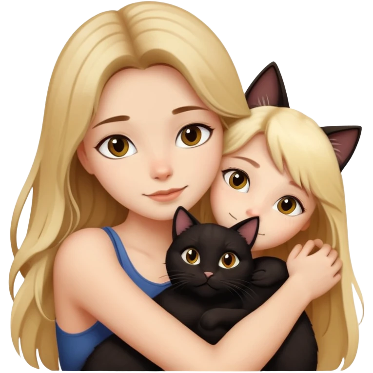 pretty girl with brown long hair hugging a black cat and a blonde cat emoji