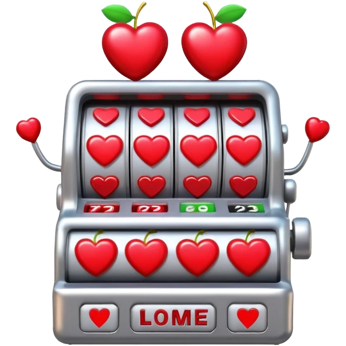 A 3D cartoon slot machine showing hearts and cherries, shiny metallic finish, Memoji-style realism. emoji
