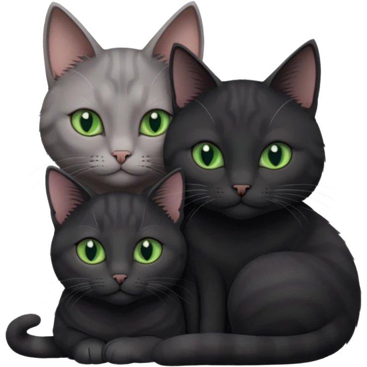 1 regal looking grey cat with pastal green eyes and 1 black with green eyes cat cuddling emoji