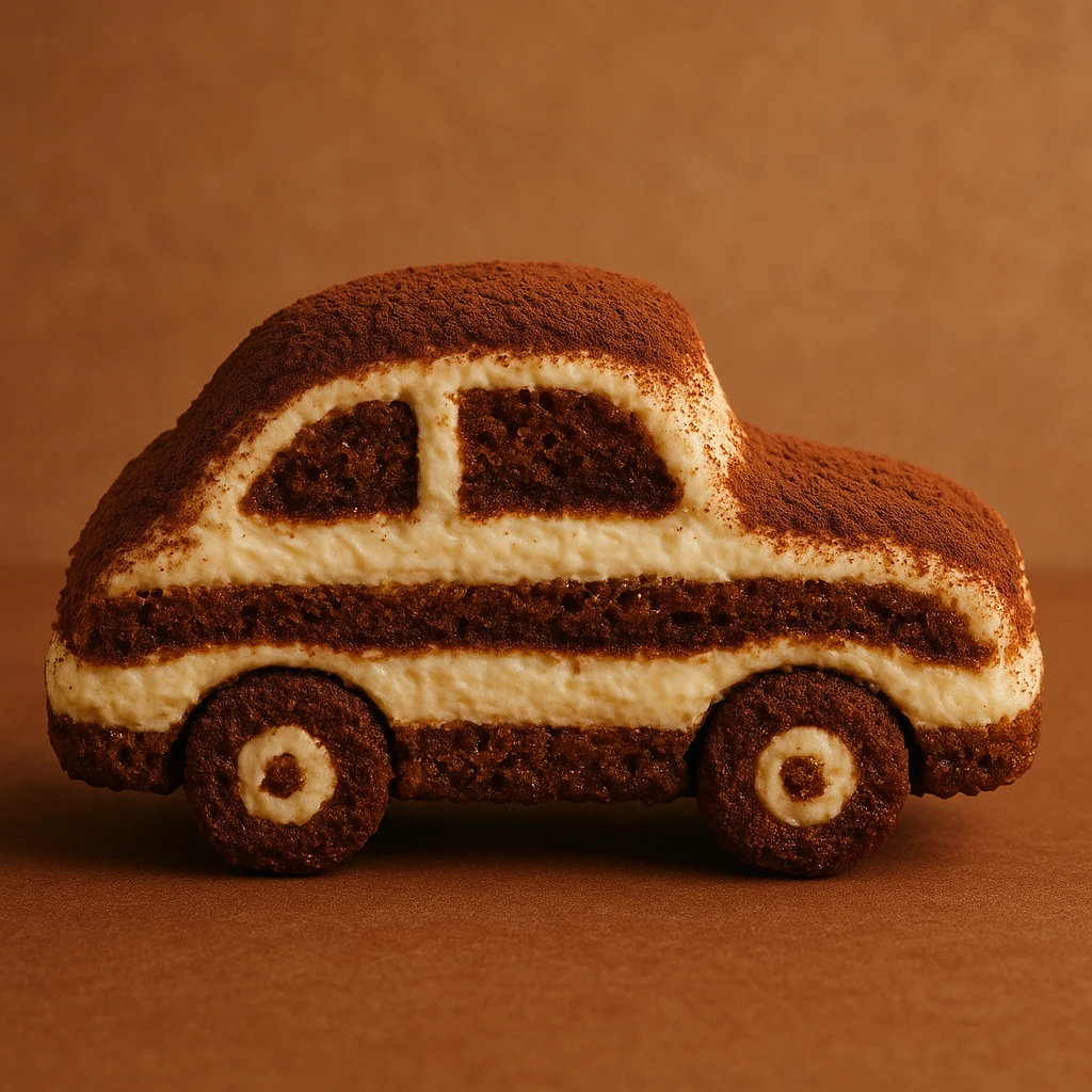 side view of a small car made from tiramisu, with visible layers of coffee-soaked cake and mascarpone, dusted cocoa on top, whimsical and appetizing emoji