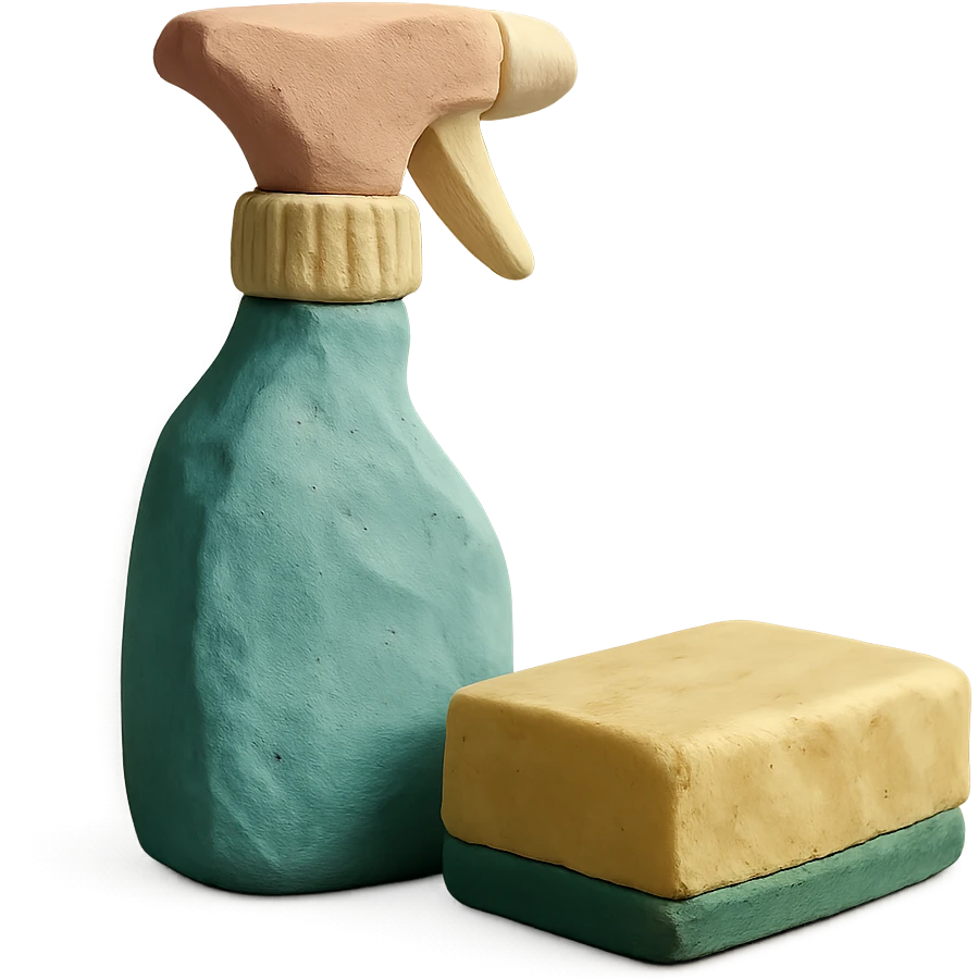 spray bottle and sponge in claymation style, pastel colors, visible fingerprints emoji